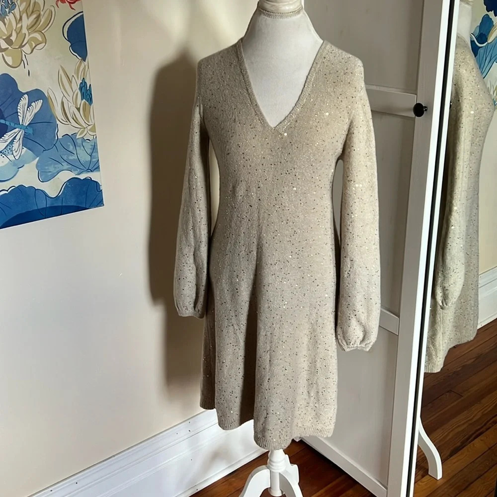 LOFT Muted Gold Long Sleeve Sweater Dress with Sparkle Sequins Embellishment XS
